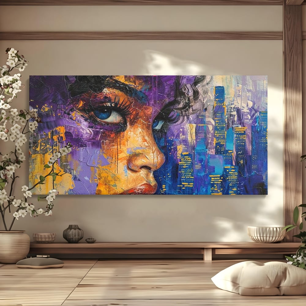 Tablou canvas cu pictura digitala cu profil de femeie, fara rama, pe sasiu de lemn